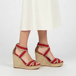 Tory Burch Women's Size 9B Red/Beige Striped Open Toe Wedge Heels Canvas Sandals